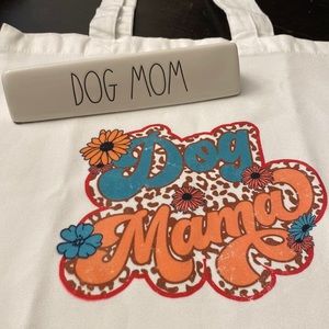 Rae Dunn DOG MOM desk paperweight plaque sign PLUS dog mama reusable tote bag